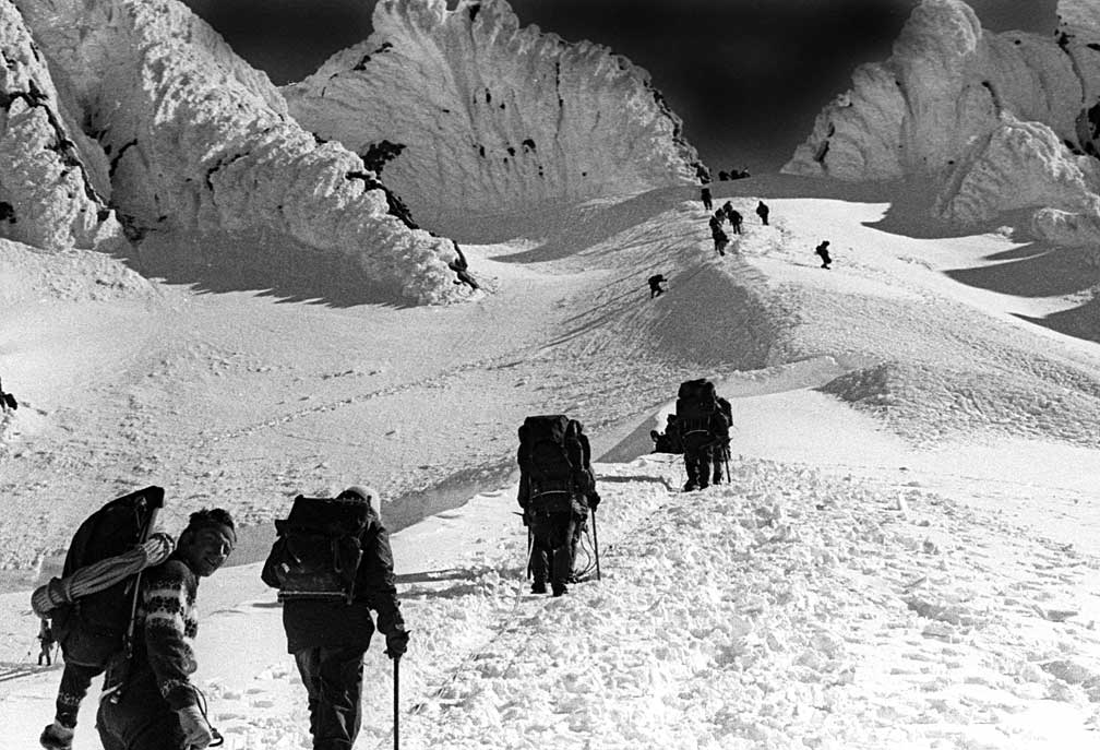 Climbers at top of Hogsback, near bergschrund, last stretch